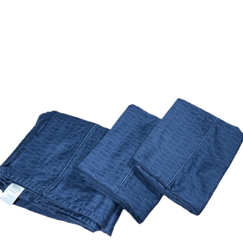 Hotel Style Bedding Set 3 Navy Blue 100% Cotton Full Sz Flat Sheet & Pillowcases